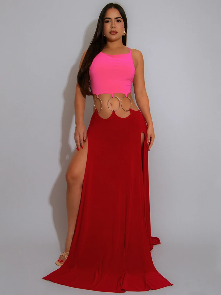 Maxivestido de playa para mujer, vestido de verano muy bajo con espalda descubierta, cintura recortada, Patechwork, cuello Halter, vestido de tirantes finos Sexy