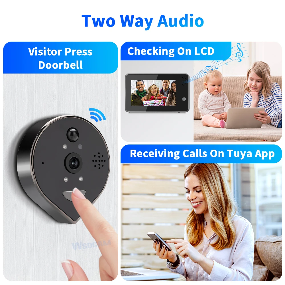 Wsdcam Tuya Wifi Peephole Doorbell Camera 4.3Inch 1080P Smart Doorbell Two Way Audio Night Vision Smart Home Doorbell Viewer