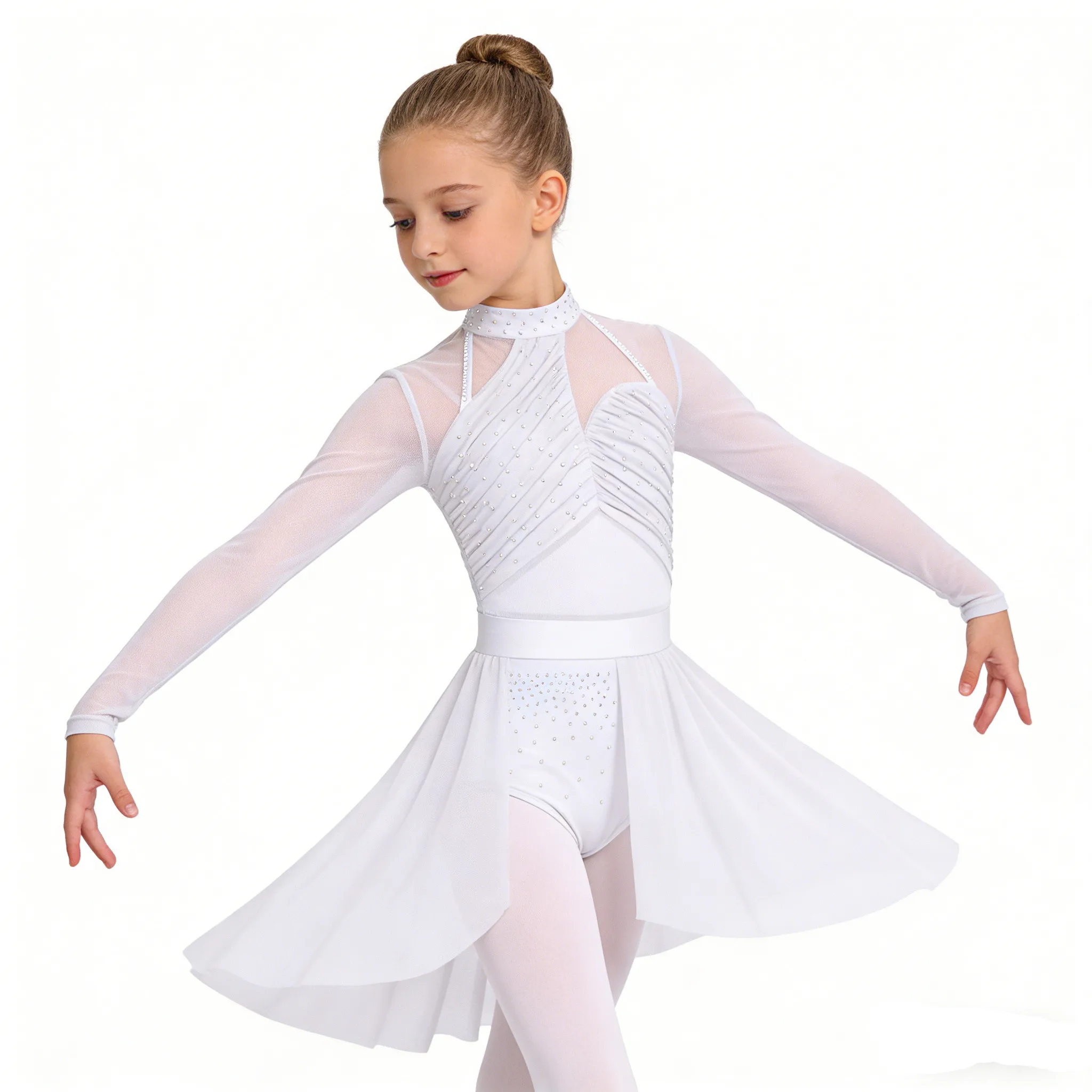 Children Girls Modern Lyrical Dance Figure Skating Gymnastics Acrobatics Ballet Leotard Dress Shiny Rhinestone Mesh Dancewear