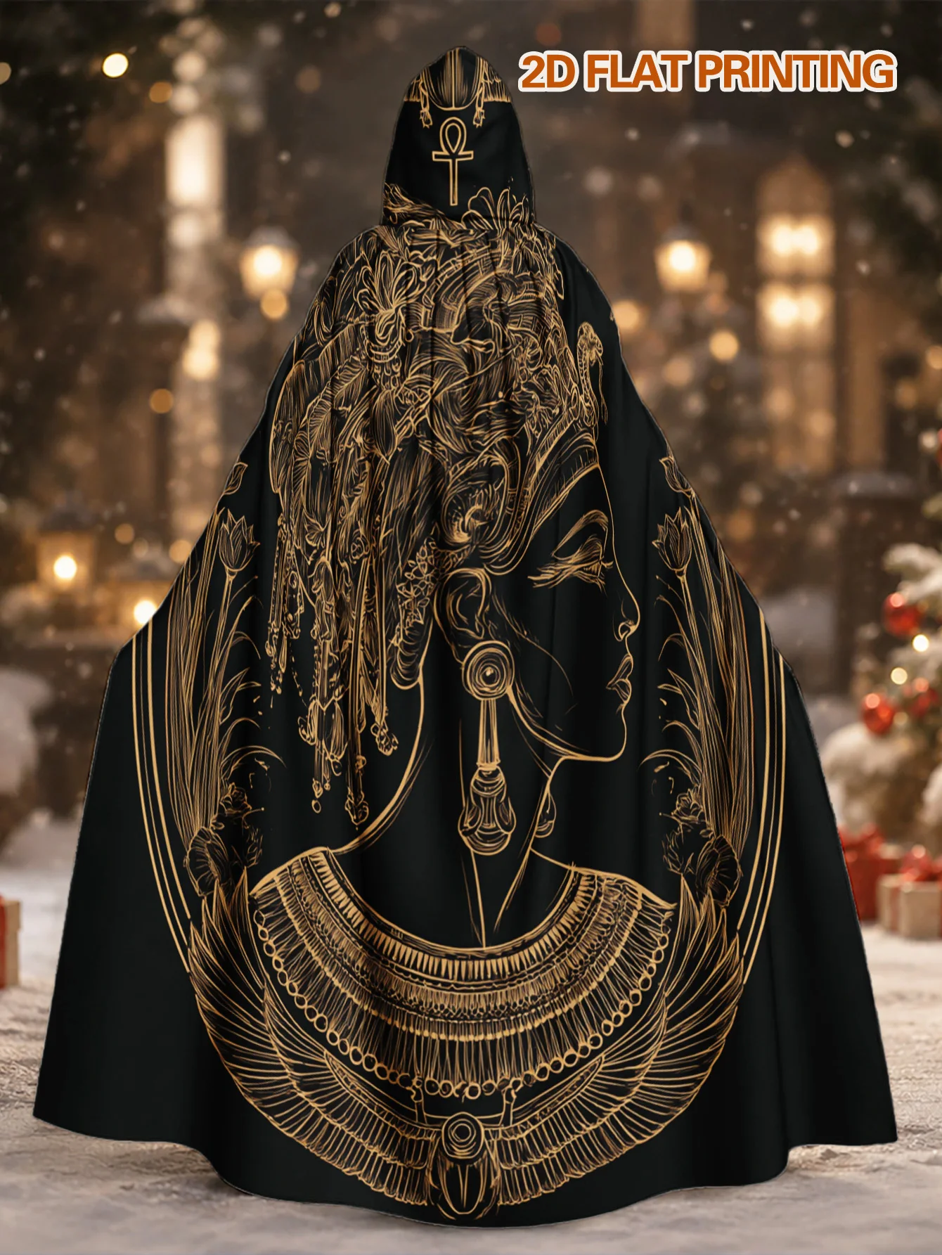 Customization 1pc Men' Egyptian Queen Hooded Robe With Golden Pharaoh Print - Loose Fit Cape Costume Suitable For Halloween