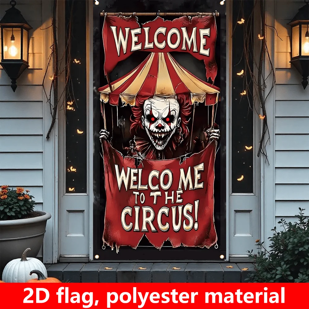 Einzelner Artikel, 2D-Flachflagge, Halloween-Veranda-Dekorationsflagge, Horror-Zirkus-Clown-Halloween-Veranda-Dekorationsflagge – Detail 6