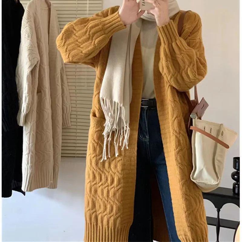 Korean Style V-Neck Cardigan for Women, Solid Color Mid-Long Lazy Knit Sweater, Soft Cozy Elegant Casual Outerwear