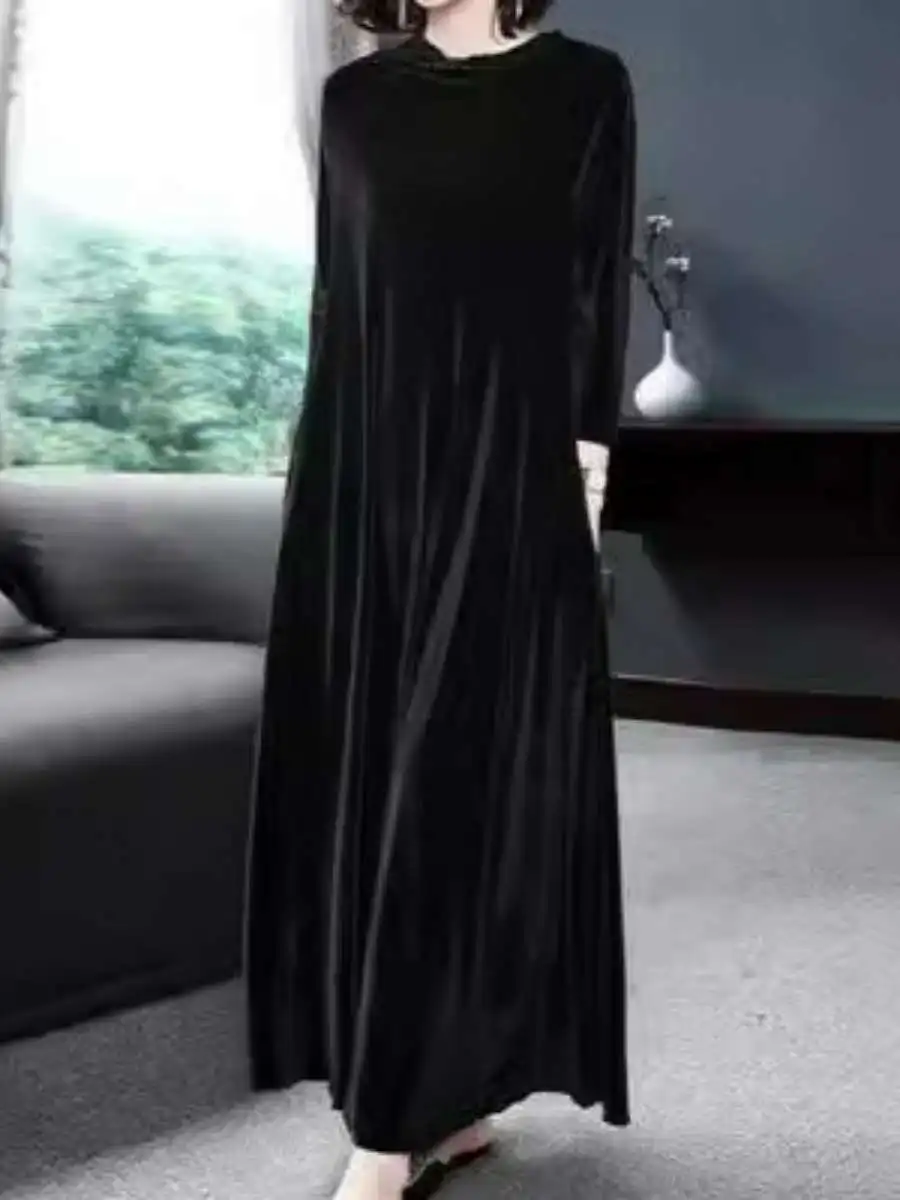 Ele Velvet Dr مع ياقة واقفة طويلة Sve متوسطة الطول لتخسيس البطن تغطي ربيع الخريف Faion Sweet Sle A-Lin...