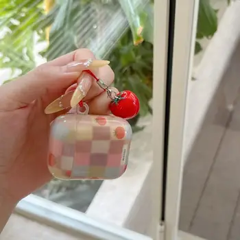 適用於 AirPods Pro2 Pro 3 2025 4 3 2/1 復古趣味撞色網格圖案番茄吊墜耳機保護套 10 最佳銷售 iPod 2 保護套 - №7