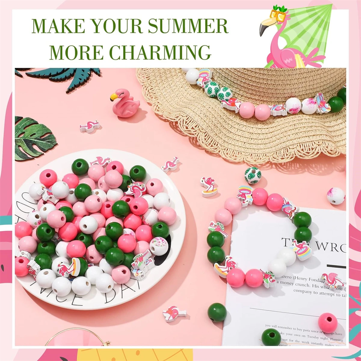6PC/9PCS flamingo theme DIY bead ballpoint pen and wood bead alloy pendant set, paired with colorful flamingo and hardwood beads