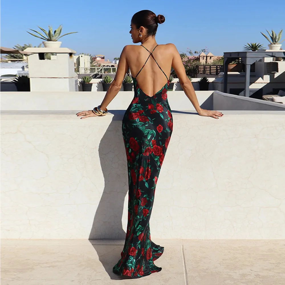 Sexy Backless Printed Floral Scarf Temperament Women Long Skirt Thin Shoulder Strap Evening Dress Women Elegant Beach Party Club