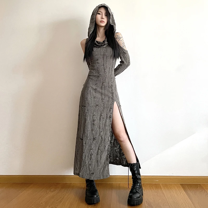 

Waste soil wind Strapless Long Sleeve Dress Women's Split Design Hot Girl Hooded