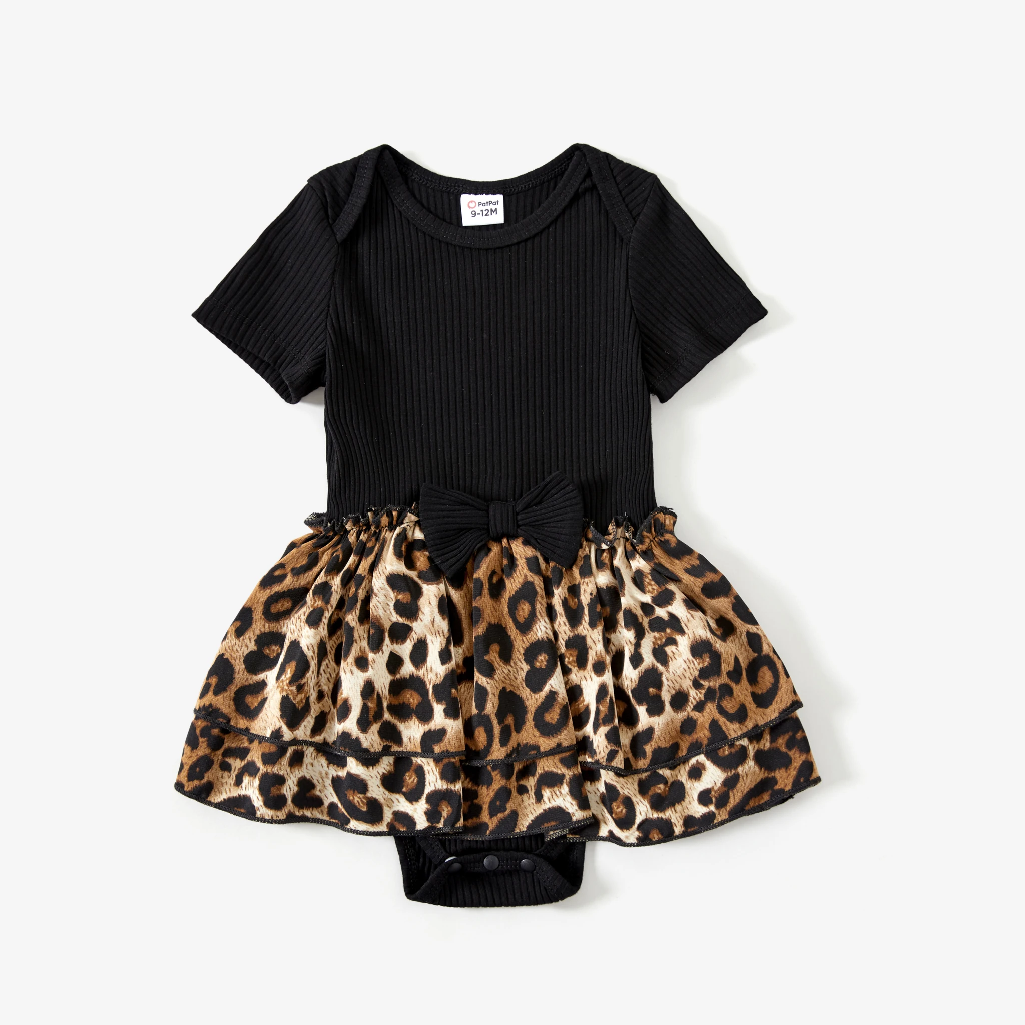 PatPat Mommy and Me Rib Black Top and Leopard Print Tiered Pleated Skirt Sets