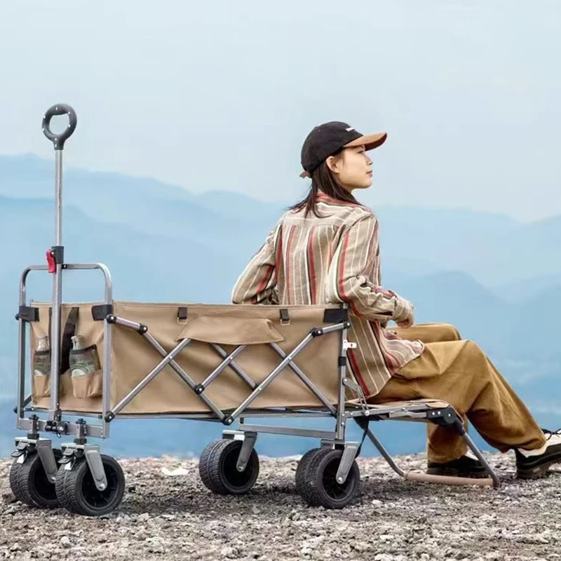 Liveer Foldable Beach Camping Hiking Cart with Table Sunshade Canopy & Storage Pockets for Outdoor & Shopping Use