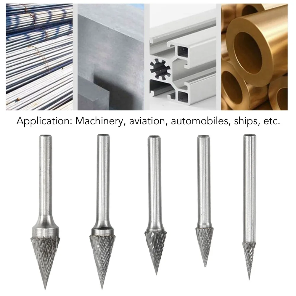 5PCS 6mm Shank Carbide Rotary Burrs Double Cut Pointed Tree Shape Carbide Burr Set Universal 6-14mm Cutter Head Rotary File Kit