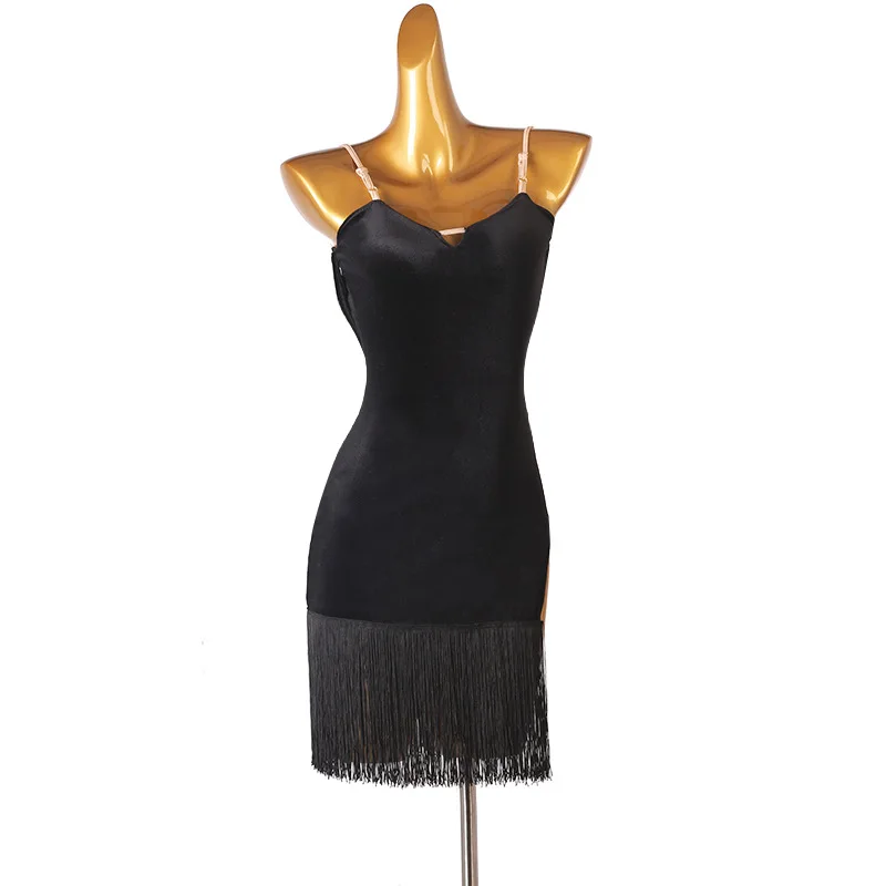 Latin Dance Performance Competition Uniform Latin Dance Dress Tassel Three Steps Square Dance Black L214