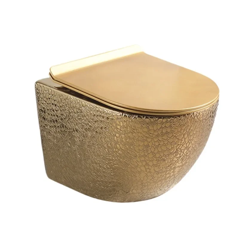 Gold wall-mounted toilet with P-drain and double flush concealed tank