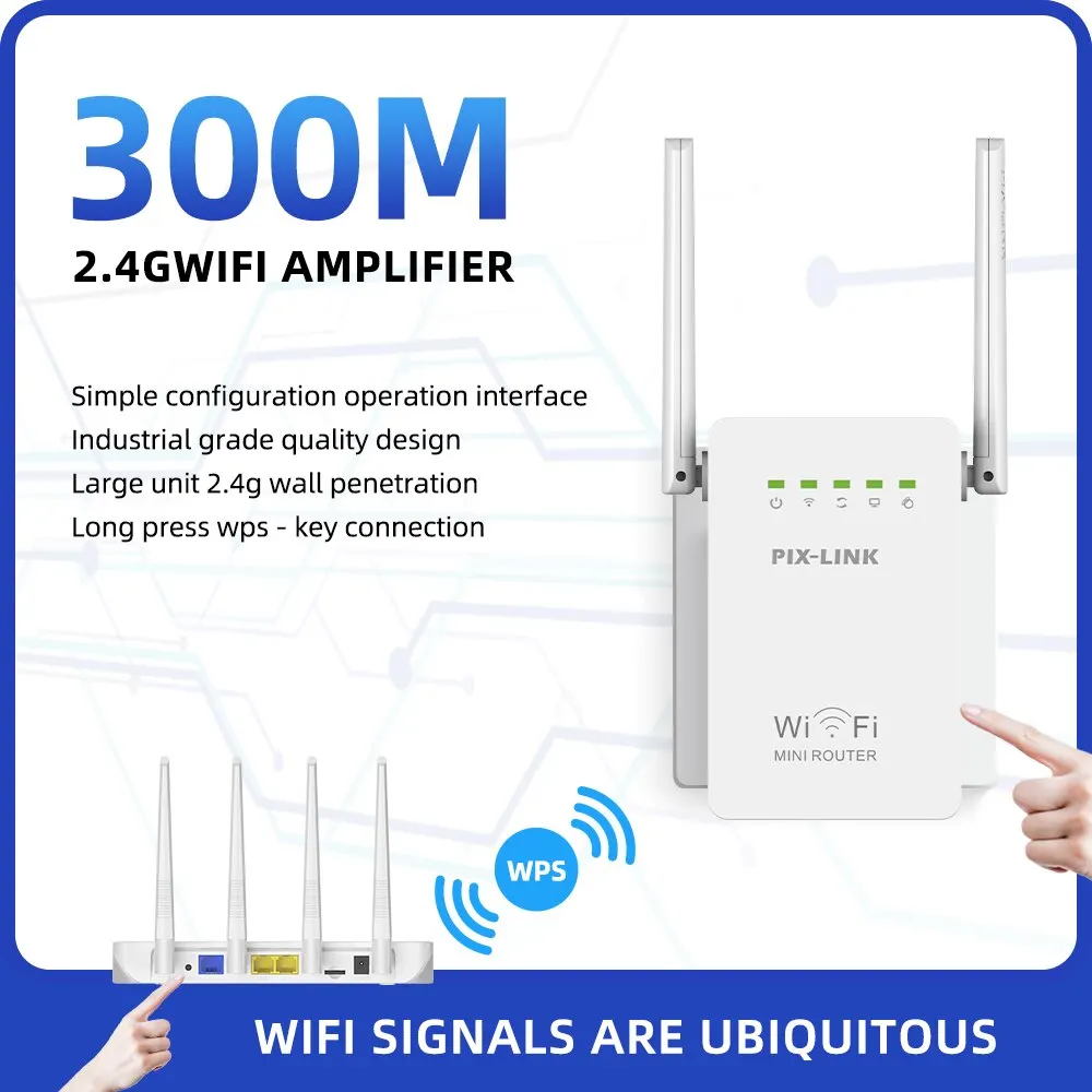 Repetidor Wi-Fi de Longo Alcance com Antena Dupla Ampliador de Alcance, Porta de Rede Dupla, PIX-LINK WR02ES, 300Mbps