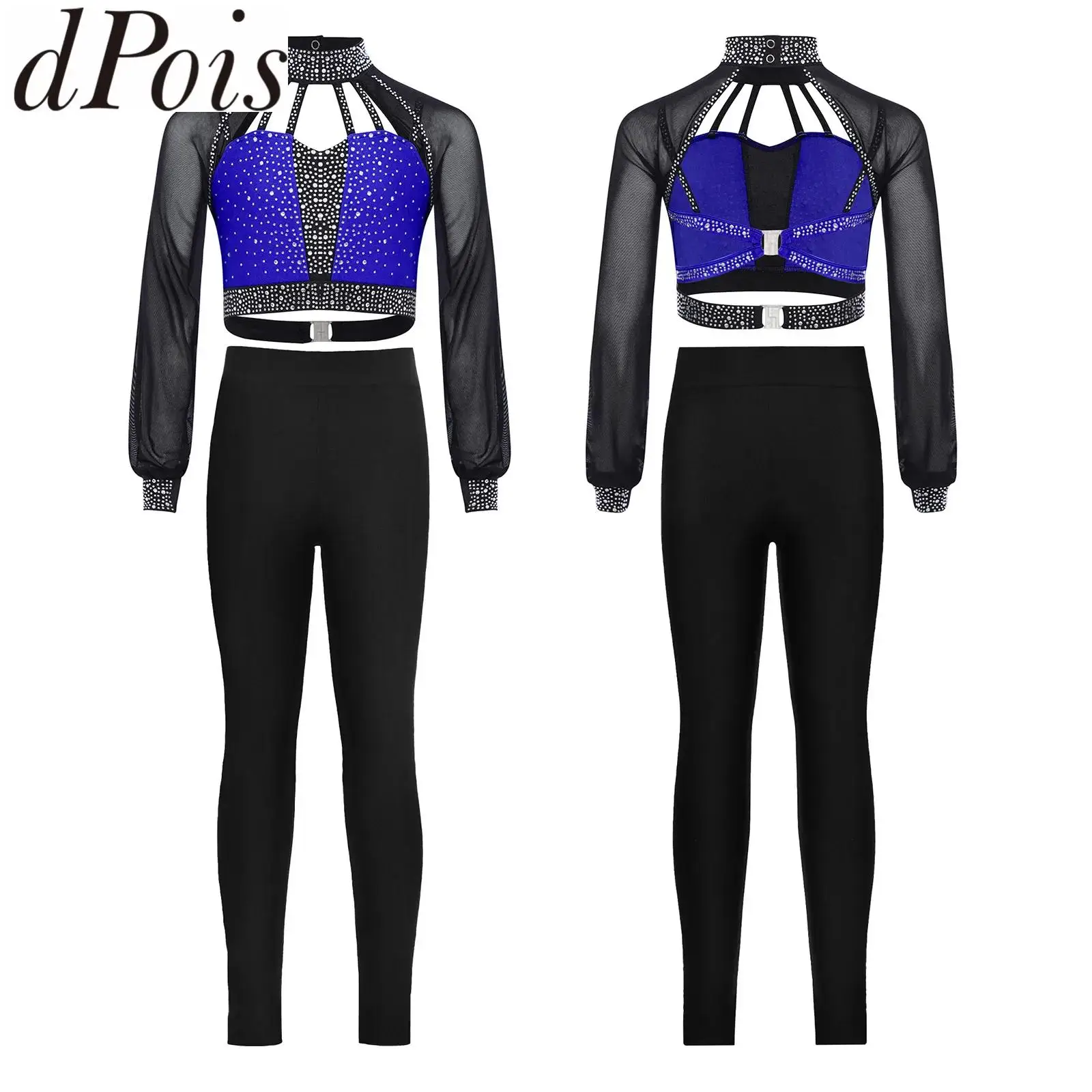 Kids Girls Jersey Gymnastics Dance Outfit Long Sleeves Strappy Shiny Rhinestones Crop Top with Legging Jazz Ballet Dance Costume
