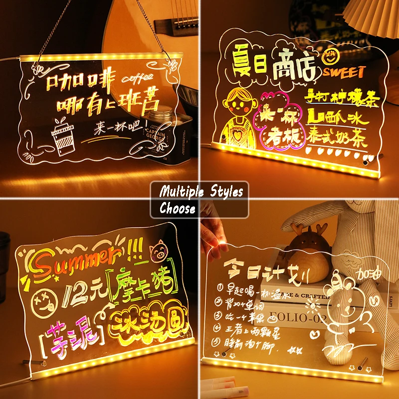 لعبة رسم تلوين السبورة LED للأطفال، ضوء سحري شفاف، سبورة فنية جرافيتي من الأكريليك، هدية عيد الميلاد