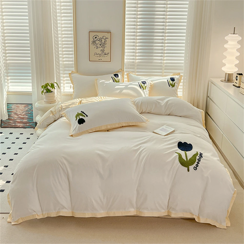 

Tulip Towel Embroidery Bedding Sets Luxury Girls Duvet Cover Bed Sheet Pillowcase Soft Quilt Cover Bedroom Decor Home Textiles