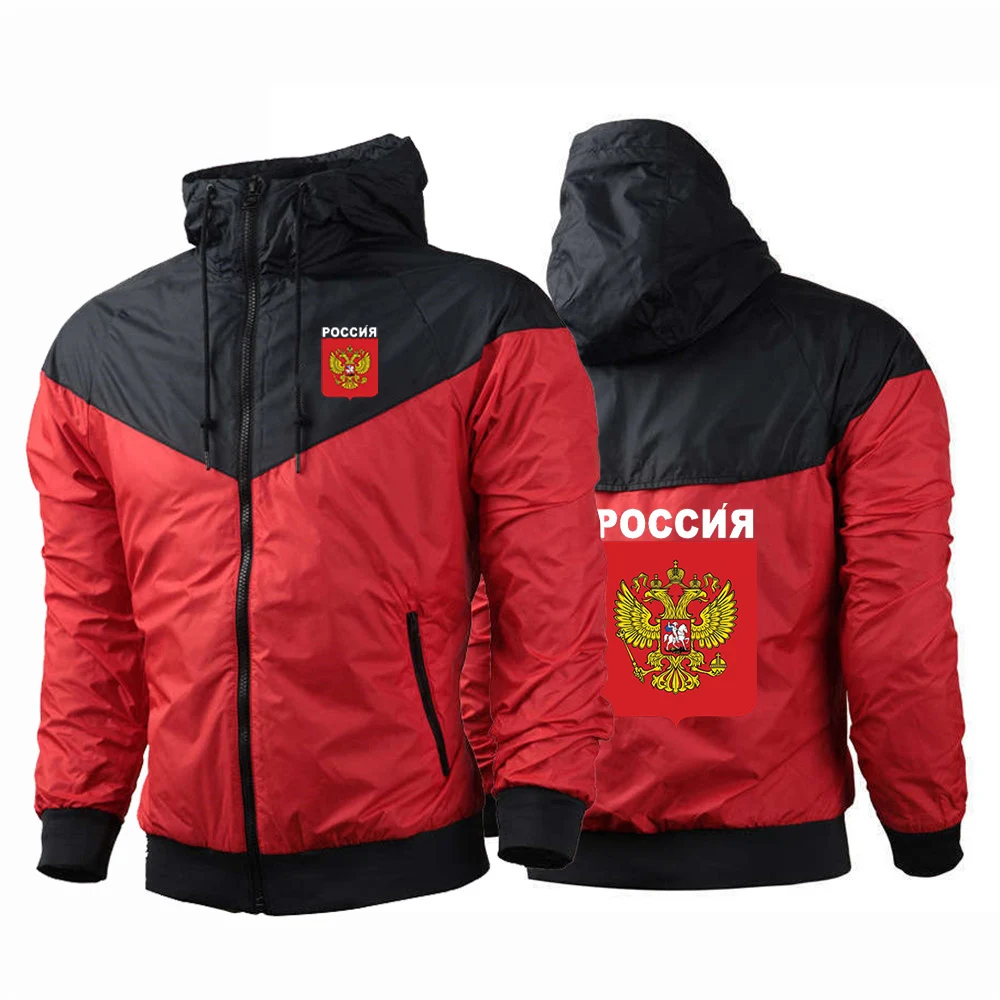 

2025 Spring Autumn Russia Badge Man's Russian Flag Print Popular Solid Color Splicing Sunscreen Breathable Zip Thin Jacket Coats