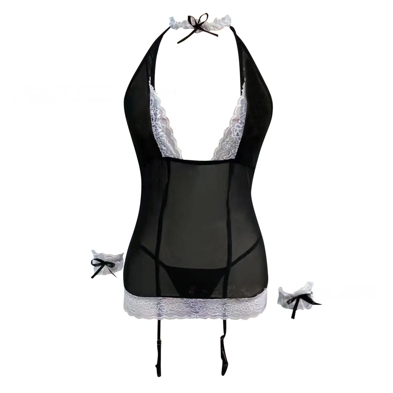 New Fashion Black and White Thin Sleep Skirt Hot Selling Women's Sexy Lace Splicing Mesh Perspective Tight Skirt Short Set view 6