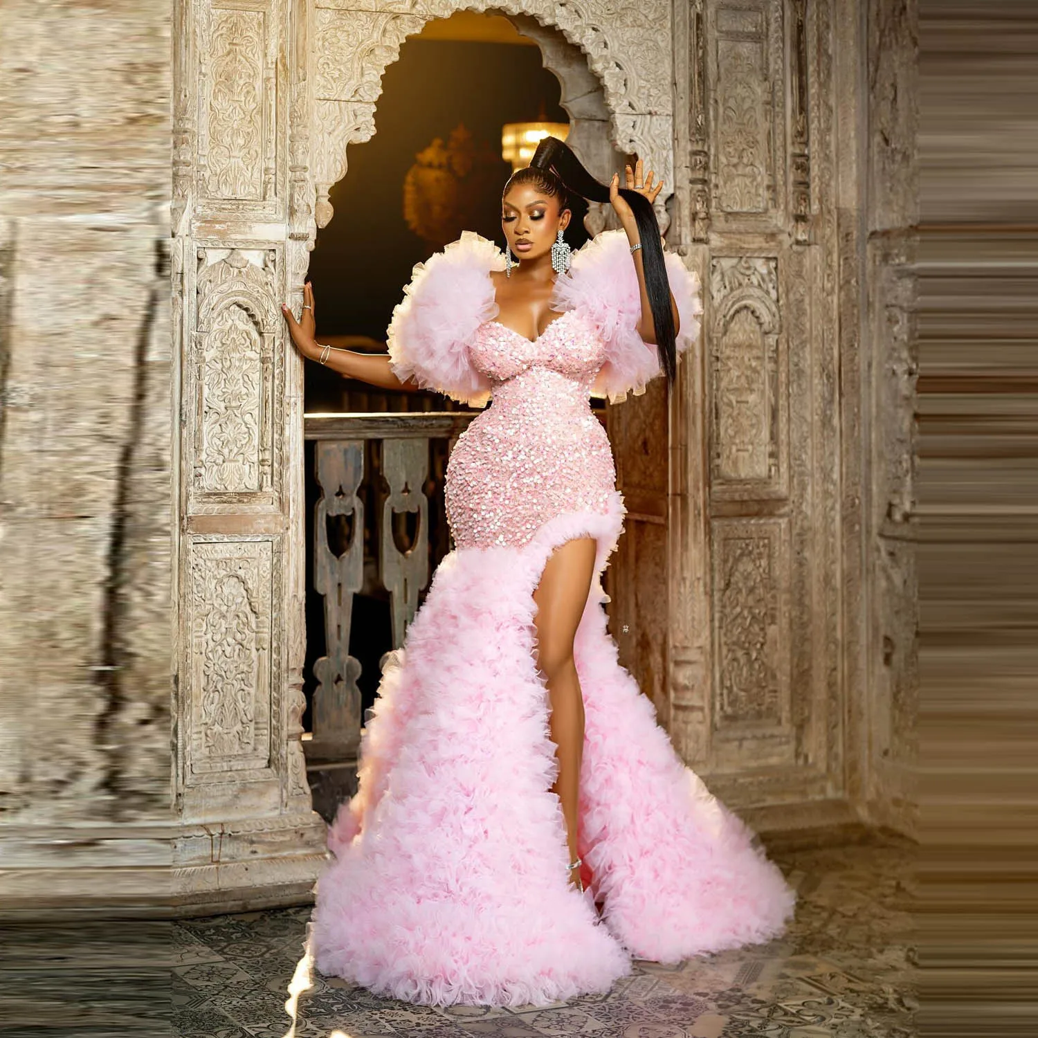 Puffärmel, Schlitz, Meerjungfrau-Abschlussballkleid, Mädchen-Festzug-Kleider, Tinte, Pailletten, Prinzessin-Abendkleid mit abgestuftem Tüll, Kleid für den roten Teppich