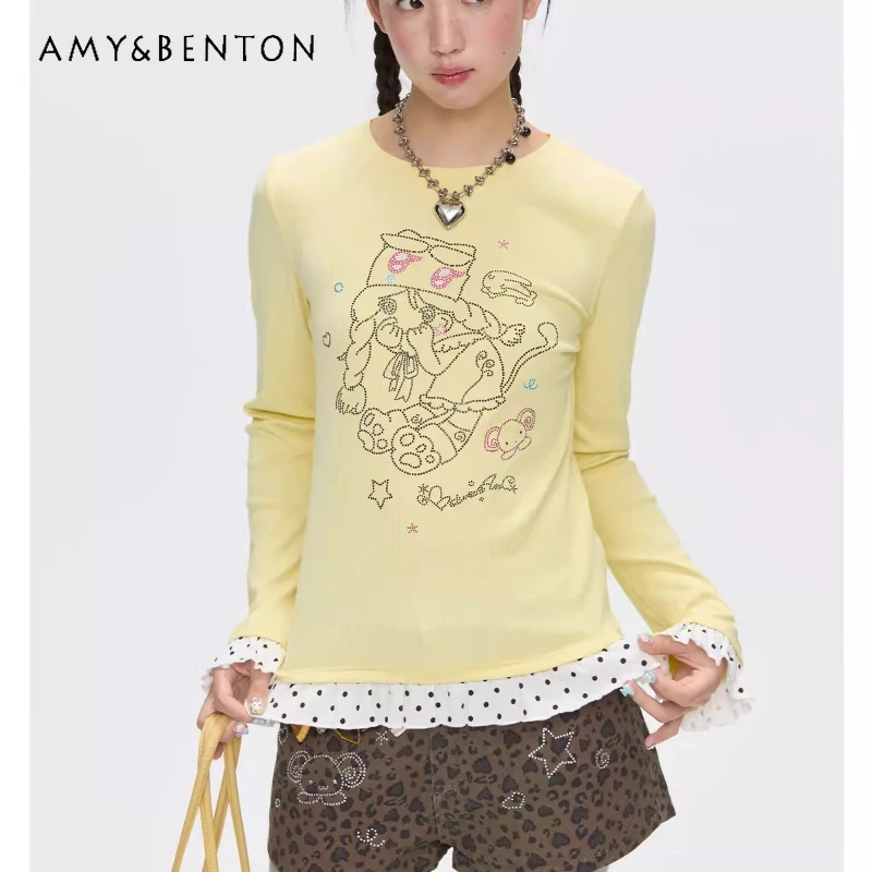 

Autumn New Cute Polka Dot Splicing Hem Lace Long Sleeve Women's Bottoming Shirt Retro Design Versatile Slimming T-Shirt Ladies