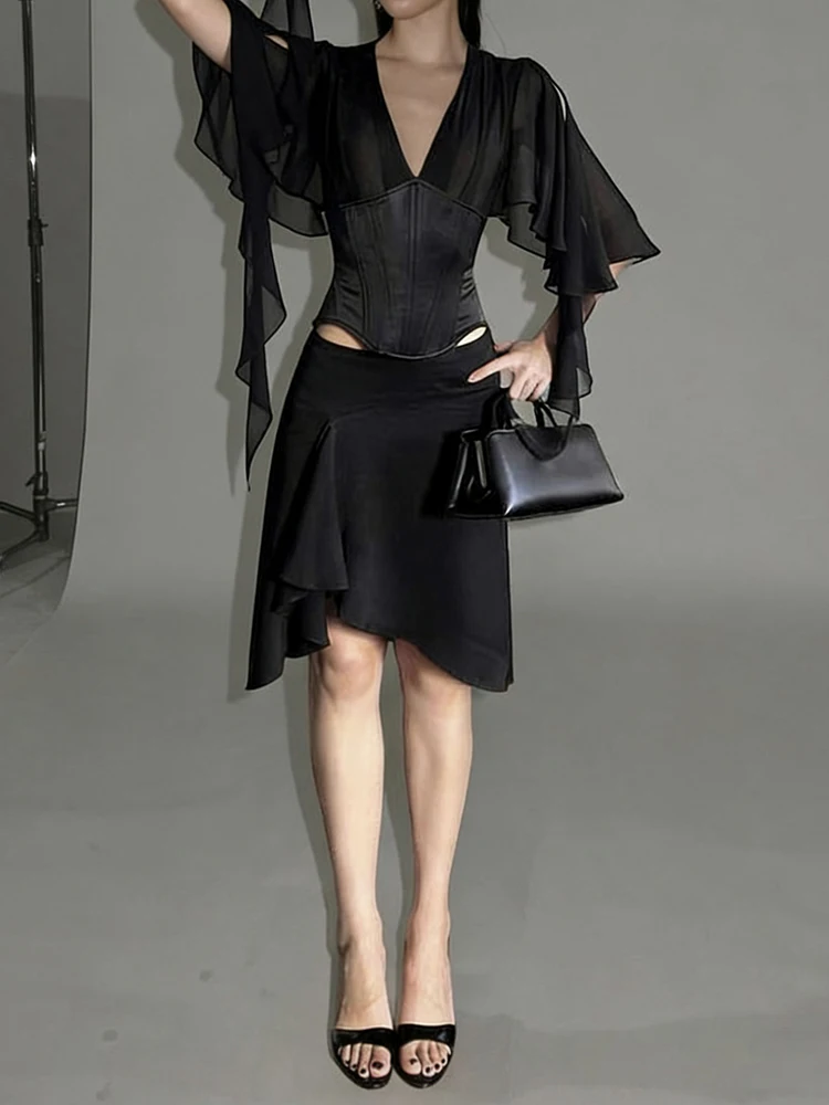 

Sisterlinda Women Sexy 2-Piece Set Patchwork v-Neck Bandage Tassel Batwing Sleeve Crop Top+Folds Irregular Hem Skirt Trend Suit