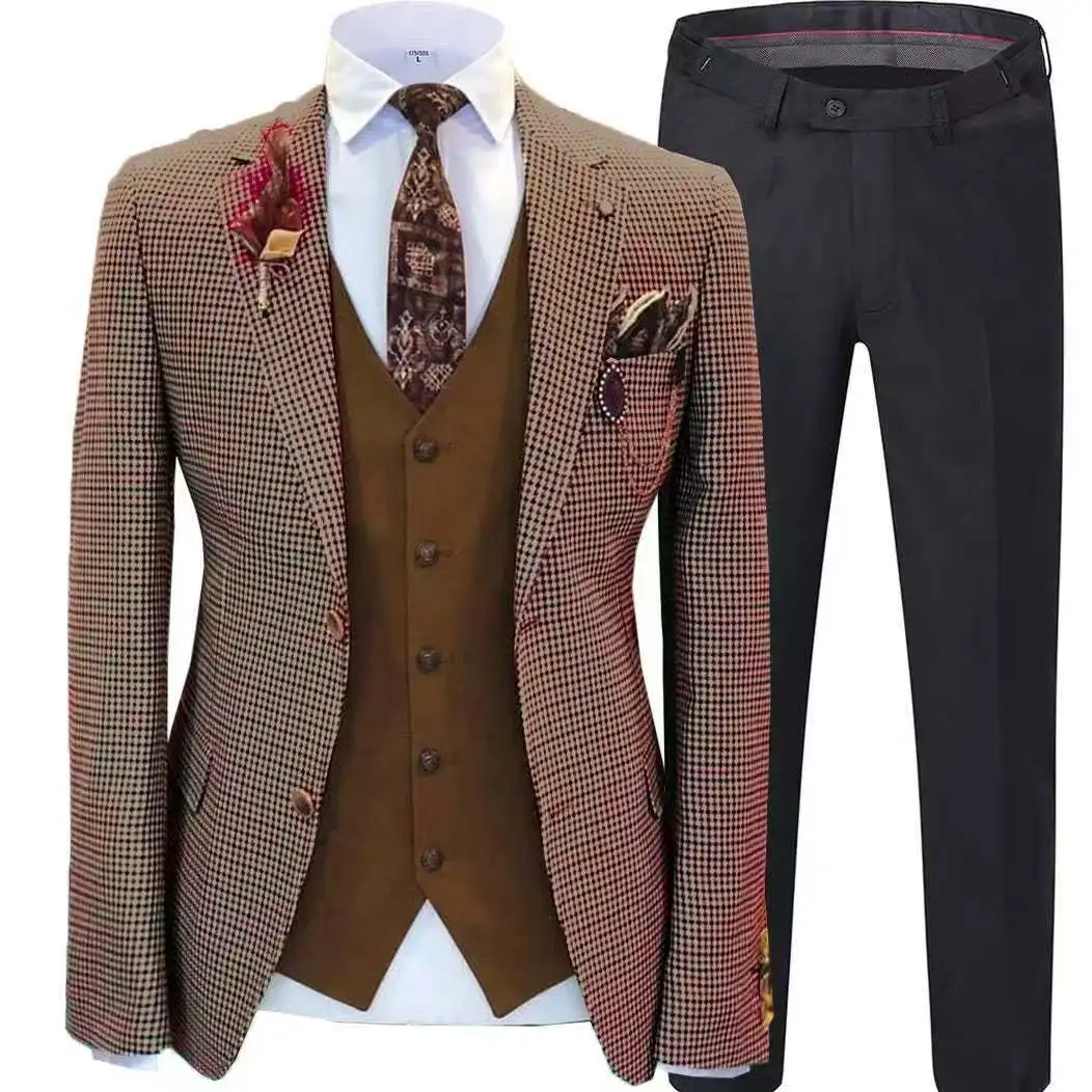 Houndstooth Suit Jacket for Groomsman Suit Coffee Man Suits  Damier Check Dinner Suits Groom Tuxedos