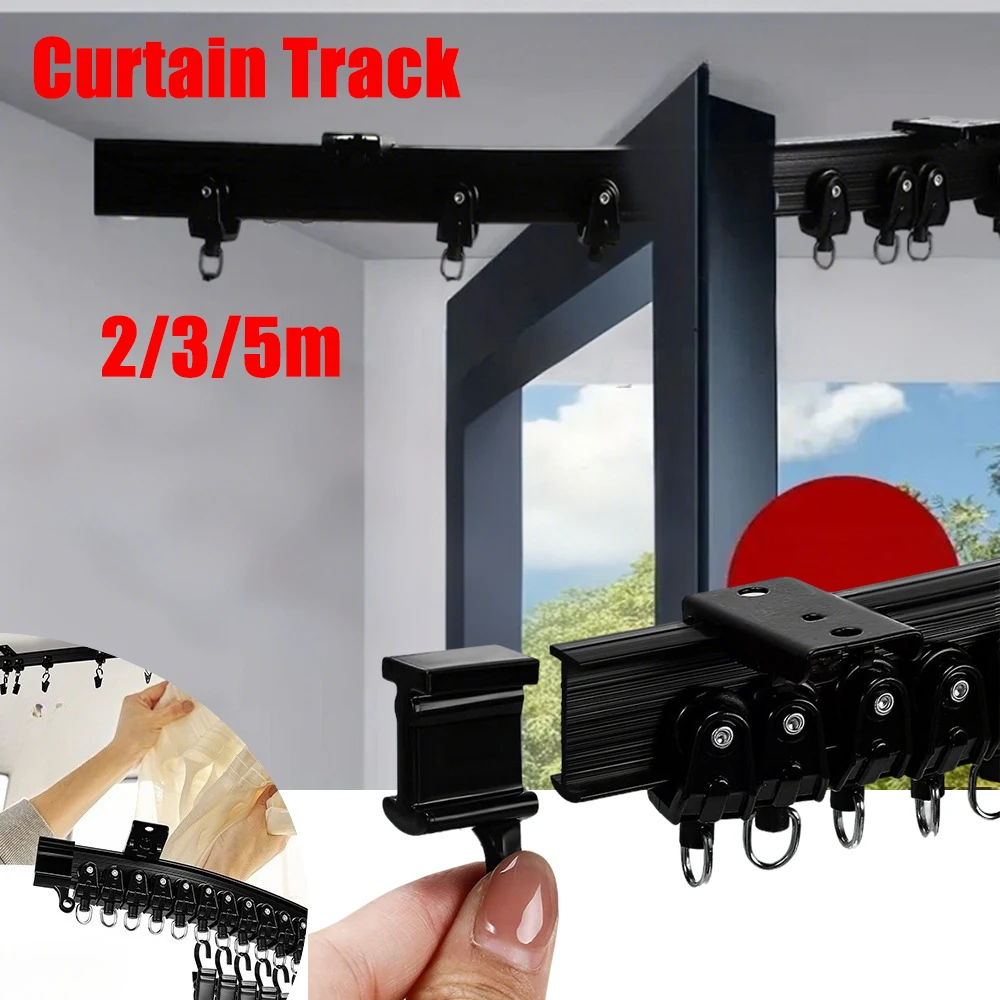 

Punching Bendable Curtain Track Flexible Ceiling Wall Mount Black Curved Heavy Duty Sliding Curtain Rail Rail De Rideau Plafond