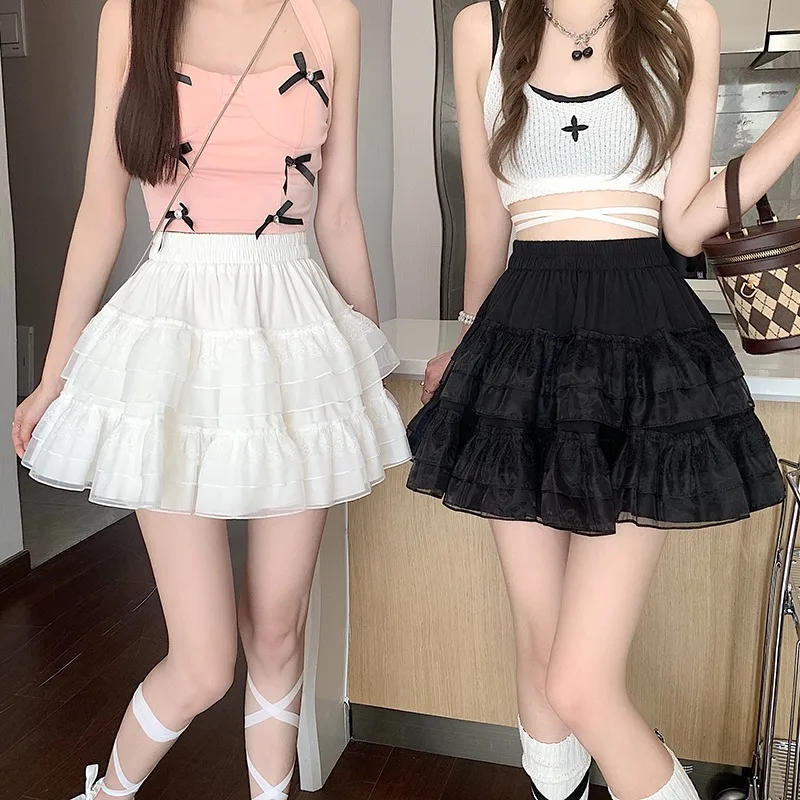 

Spring and Summer New Mesh Skirt Women Lace High Waist Solid Color Skirts Sweet Cute Versatile Mini Skirt Female