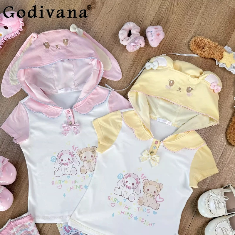 

Original Kawaii Girls Cotton Cartoon T-shirts Summer New Student Y2k Short-sleeved Top Cute Hooded T-shirt Daughter Clothes