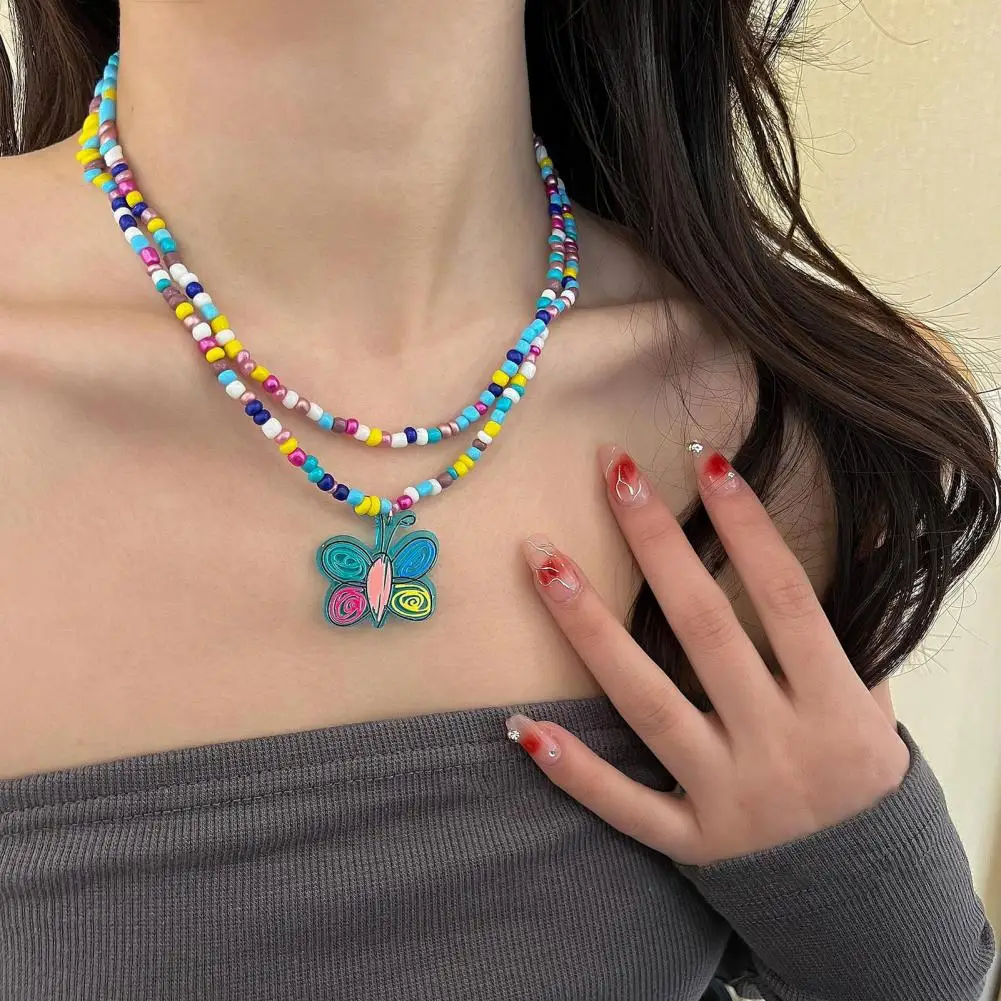 

Women Necklace Set Stackable Double-layer Rainbow Colorful Beads Flower Butterfly Pendant Bohemian Style Necklace Neck Jewelry