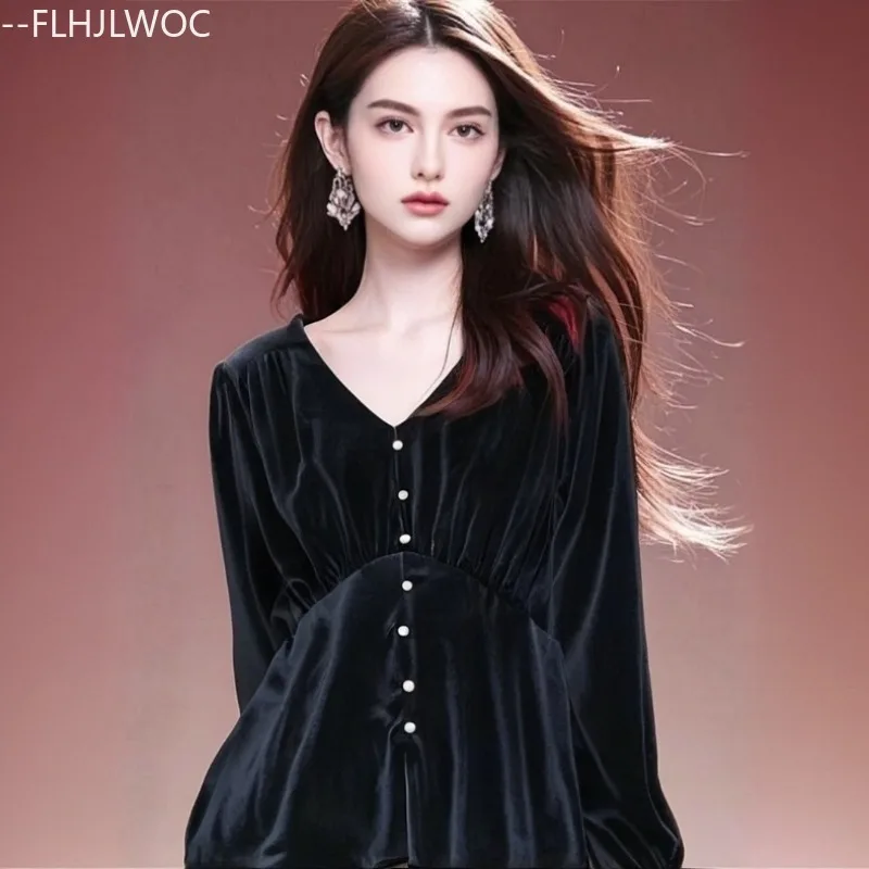 

Черные бархатные топы, блузки, женские осенне-зимние базовые рубашки с длинным рукавом и v-образным вырезом на пуговицах, французский дизайн, ретро, винтажные рубашки с баской на животе