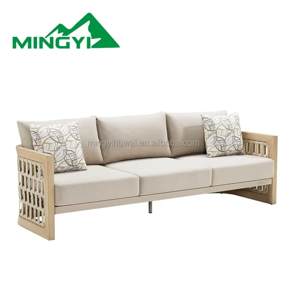 الفاخرة في الهواء الطلق فناء حديقة طقم أريكة فندق حديقة شرفة خشب الساج الطبيعي مزيج أريكة من حبال الربط ووسادة