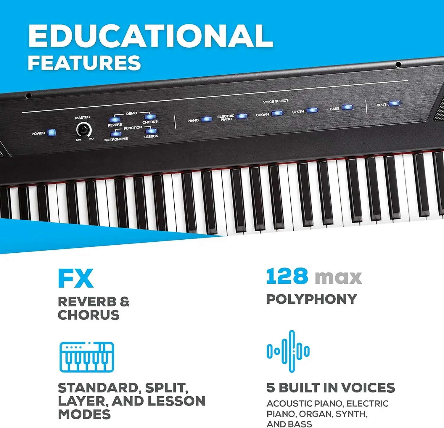 Recital – 88 Key Digital Piano Keyboard with Semi Weighted Keys, 2x20W Speakers, 5 Voices, Split, Layer and Lesson Mode