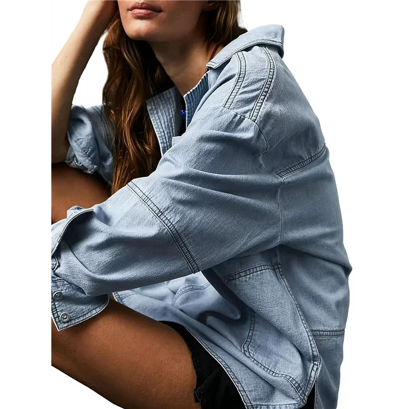 

AG-Women's Denim Pullover Casual Button V Neck Blouse Loose Fit Long Sleeve Jean Jacket With Pocket