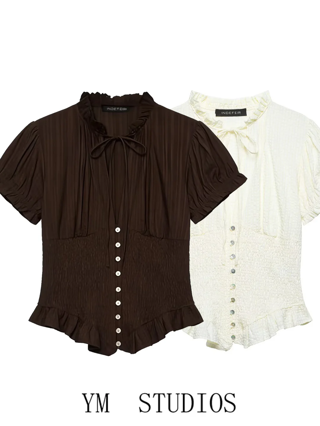 

Sweet Girl Feel Bubble Sleeve Knot Shirt Slim Short Length Pleated Small Size Women's Fashion Polyester Fiber Shirt