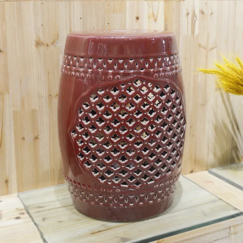 red carved color glaze, round ceramic ancient stool, home living room garden, retro simple small stool