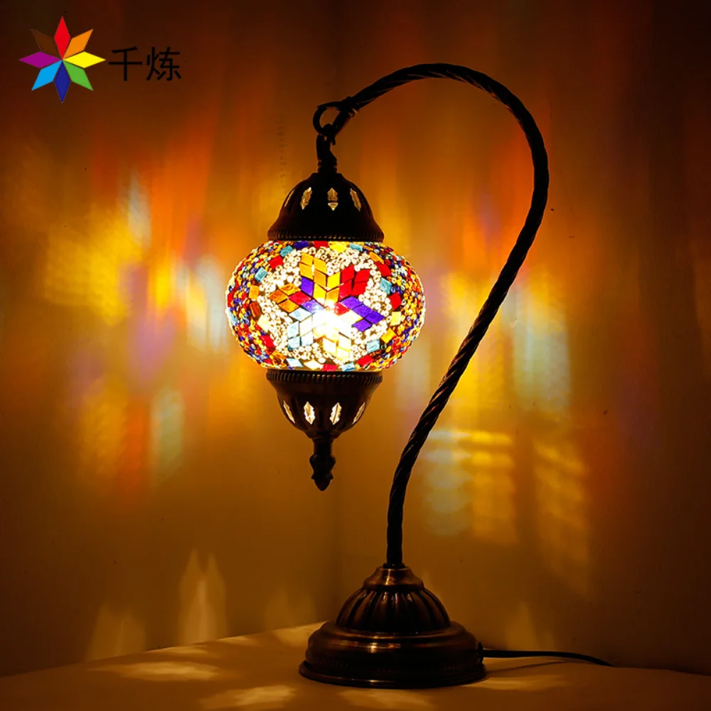 

Handmade Stained Glass Bed Night Light, Desktop Decorative Lamp, Turkey, Morocco, Mediterranean Style, Swan Neck Band, 38cm