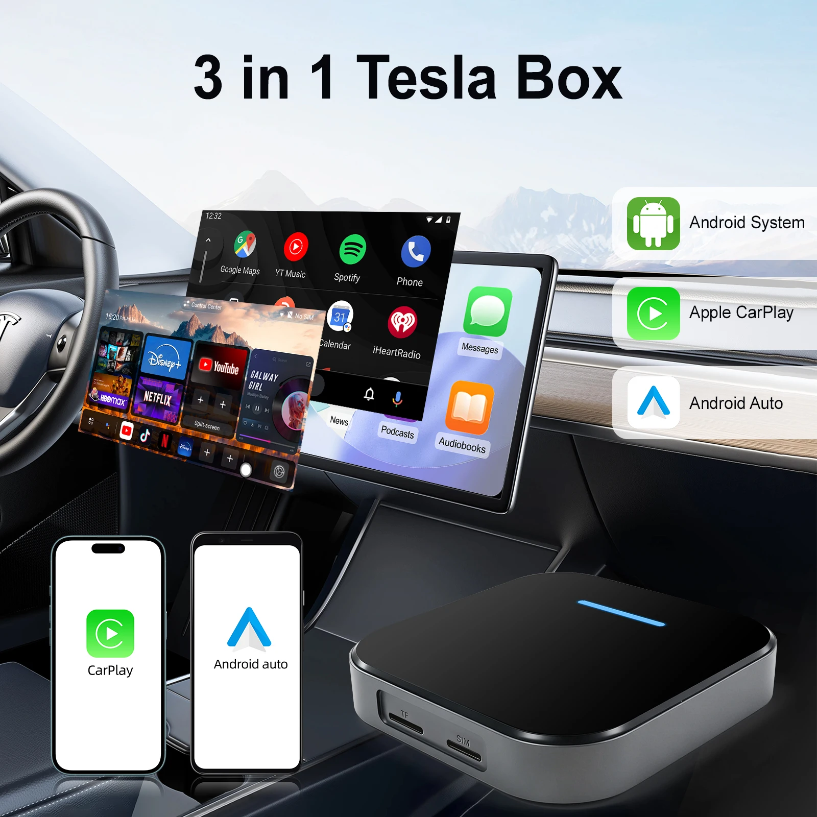 2026 3in1 Wireless Carplay Bluetooth Adapter Android Auto Usb Apple Ai Box Carplay Dongle For Tesla Model 3/Y/S/X view 2