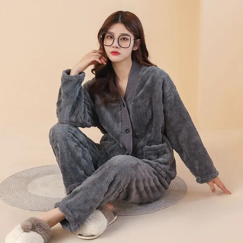 Couple Pajamas for Men Fleece Winter Sleepwear Korean Sleeping Night Wear Solid Pijama 2 Pcs Pants Sets Warm V-neck Home Suit