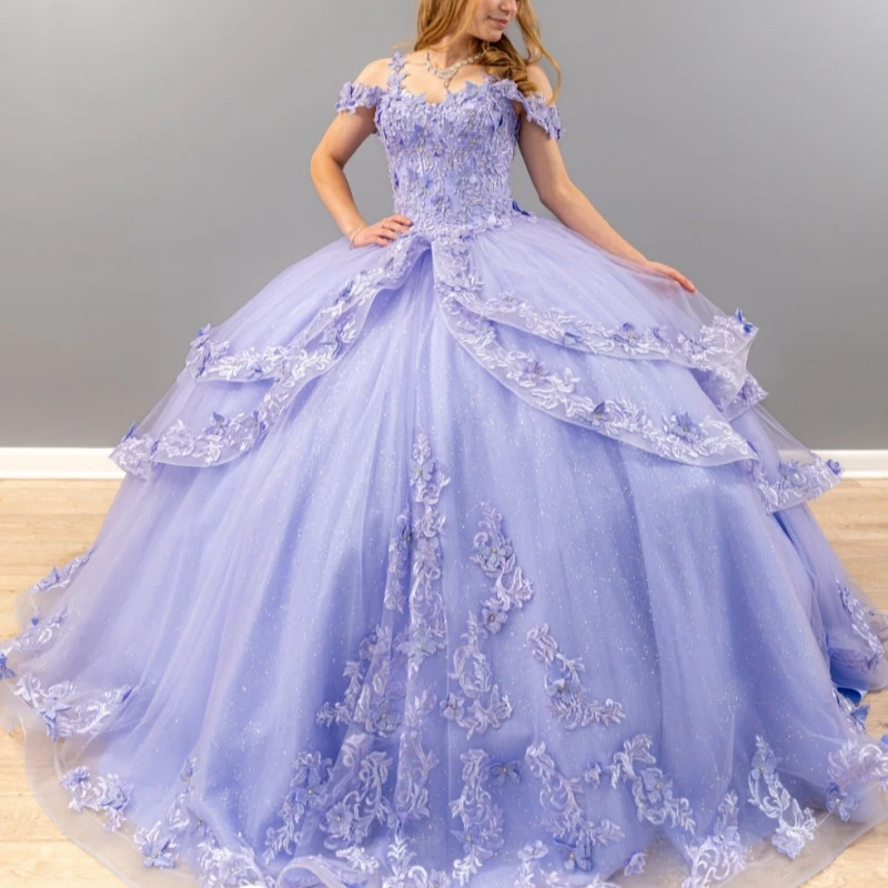 

Lavender Shiny Quinceanera Dresses Ball Gown Off The Shoulder Applique Lace Beading Tull Sweet 16 Dress Vestidos 15 Anos