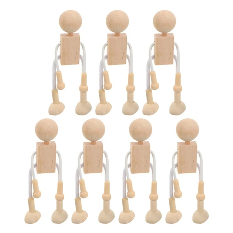 7Pcs Blank Wooden Cartoon Figure: DIY Painting Robot Figures Joint Figures Robot Peg Doll For DIY