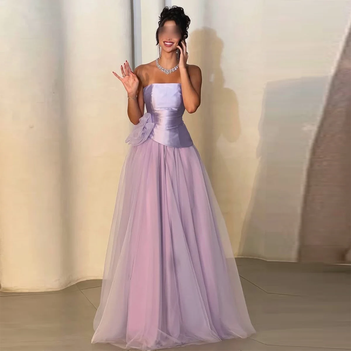 

Gorgeous Lavender Prom Dress Sexy Strapless Satin And Tulle A Line Evening Gowns Floor Length Women Formal Party Dress