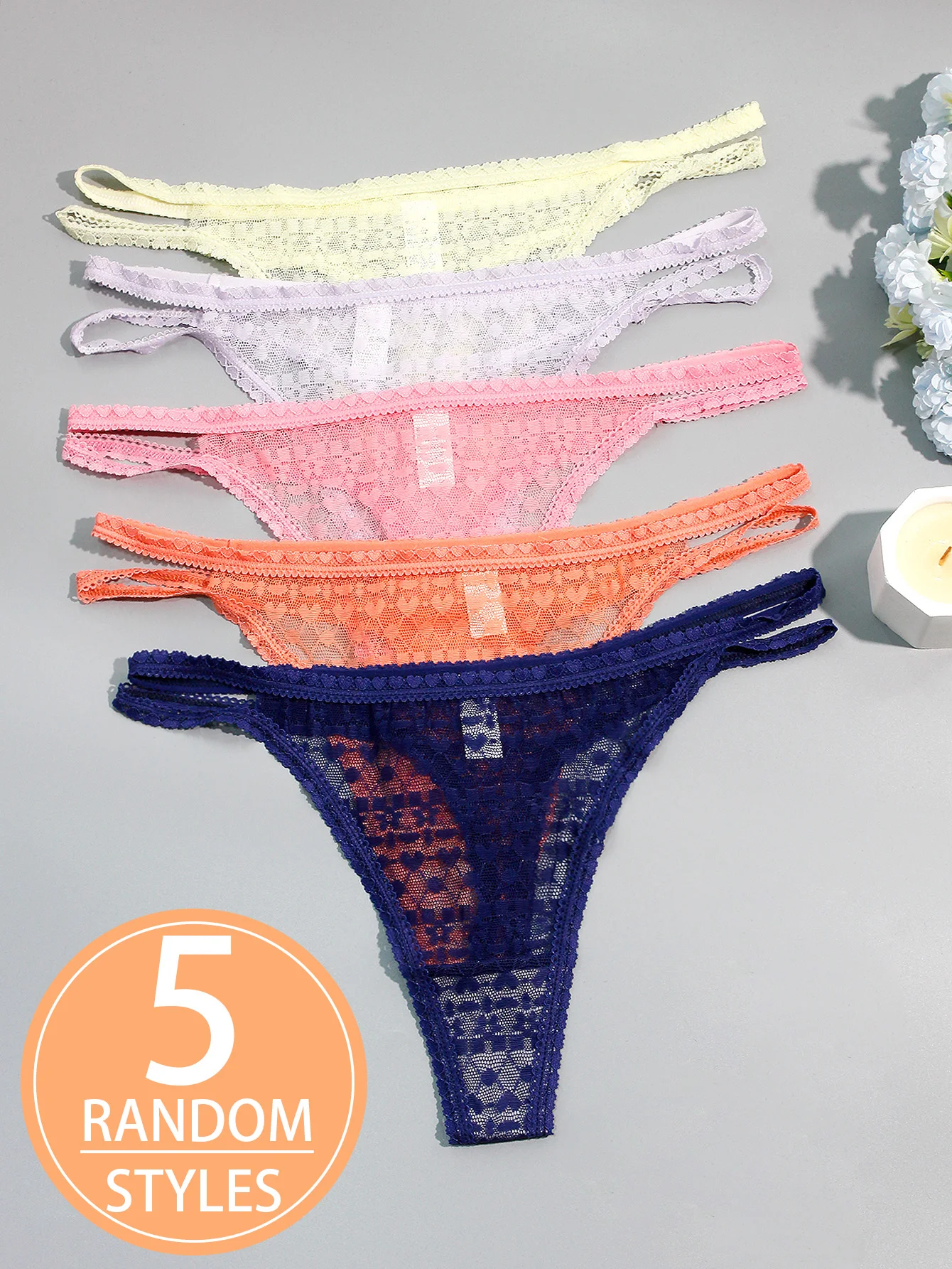 5-Pack Sexy Lace Double-Layer Thin Strap Full Lace Women's Thong Underwear Comfortable Breathable Cotton Lined Briefs