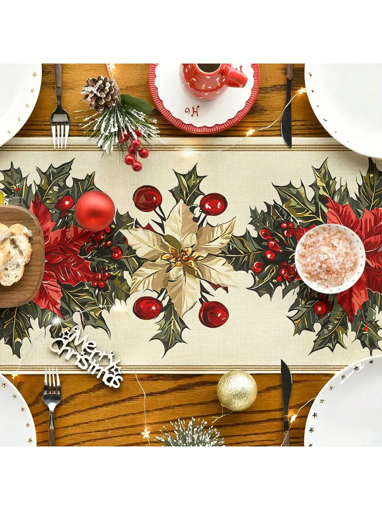 1pc Vintage Poinsettia & Holly Christmas Table Runner, Elegant Festive Table Decor, Ideal Xmas Gift for Home