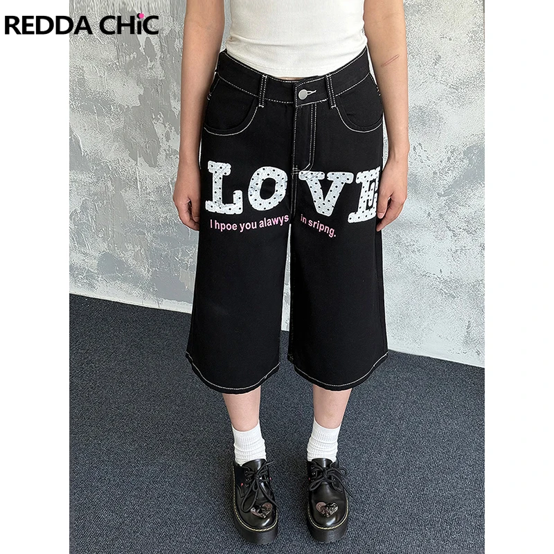 

ReddaChic LOVE Polka Dot Print Women Jean Shorts Low Waist Straight Wide Leg Casual Bermuda Pants Skater Hip Hop Y2k Streetwear
