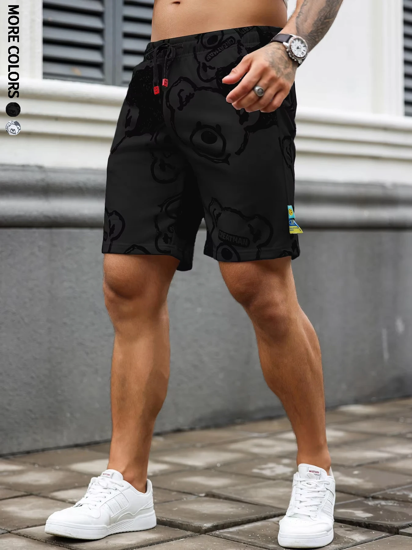 شورت رجالي بقصة عادية مع رباط وحزام خصر مطاطي، طباعة دب، شاطئ صيفي، عطلة، ملابس متعددة المشاهد #5