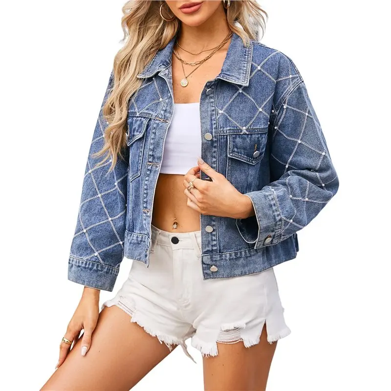 【NEW-SALE】Women Y2k Pearl Denim Jacket Embroidered Cropped Trendy Long Sleeves Button Up Trucker Coat Lapel