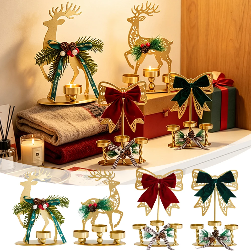 2027 Christmas Candlestick Reindeer Candle Holder Xmas Iron Metal Candlestick for Home Desktop Ornament Navidad New Year Gifts