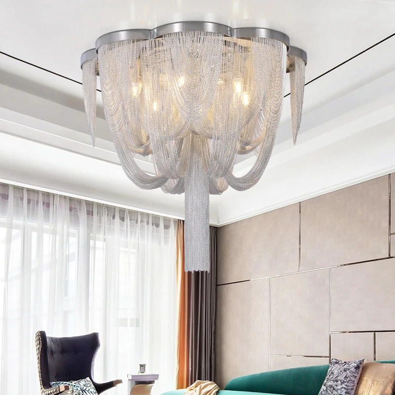 Exquisite Ceiling Light Chain Pendant Light Ceiling Aluminum Chain Led Lighting Circular Chrome Living Room Chrome Gloss Light
