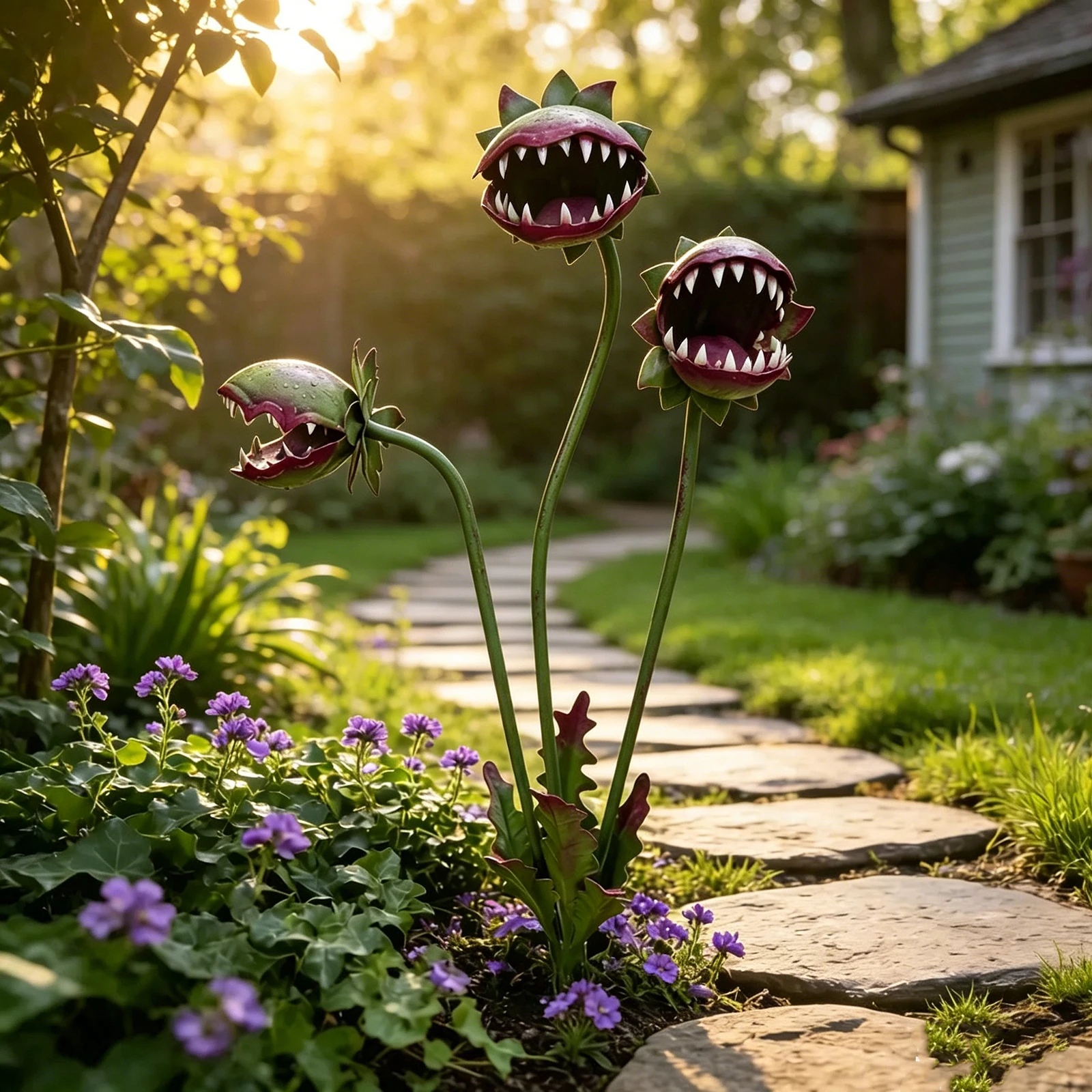 Venus Flytrap Monster Plant Sculpture 25 Inch 3 Head Whimsical Flower Outdoor Sculpture Unique Quirky Garden Gift